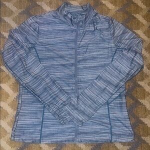 Prana Breathe Yoga jacket in a blue and white space-dye pattern.